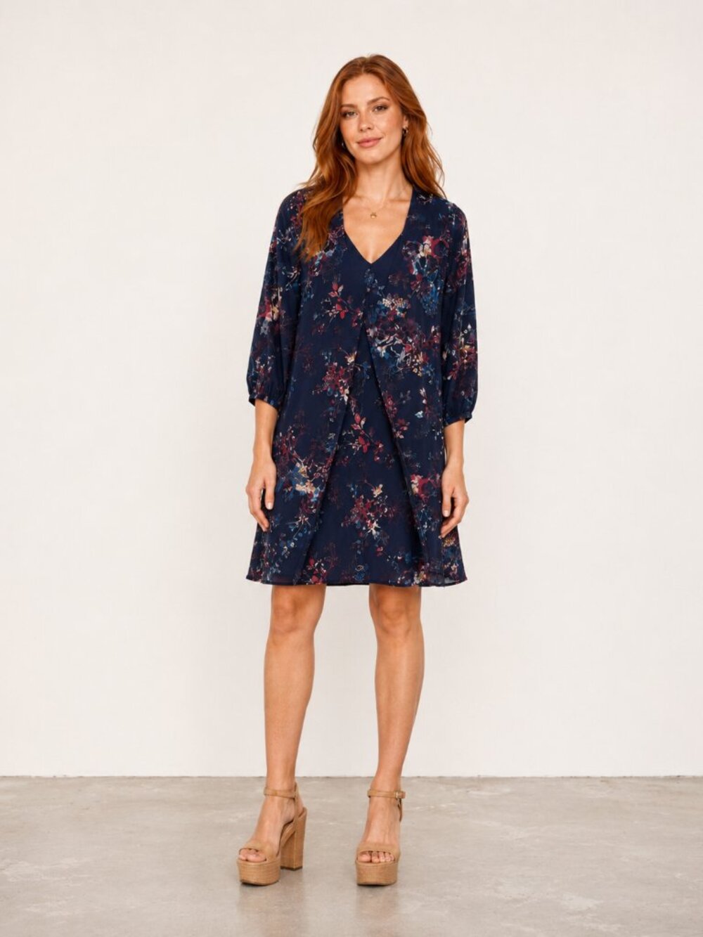 DR2 Women’s Large Navy Floral Multricolor Open-Front Overlay Dress